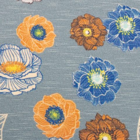 In the Garden Bienvenido Colorido, Blumen, Vögel, jeansblau, Slub-Jersey