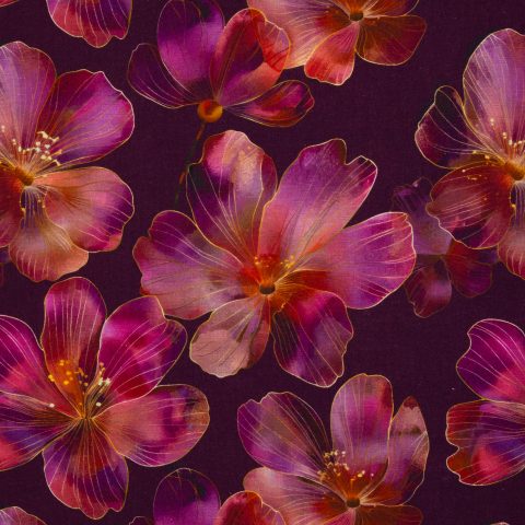 Leinen / Mischgewebe „Adria" – Blüten, fuchsia/bordeaux
