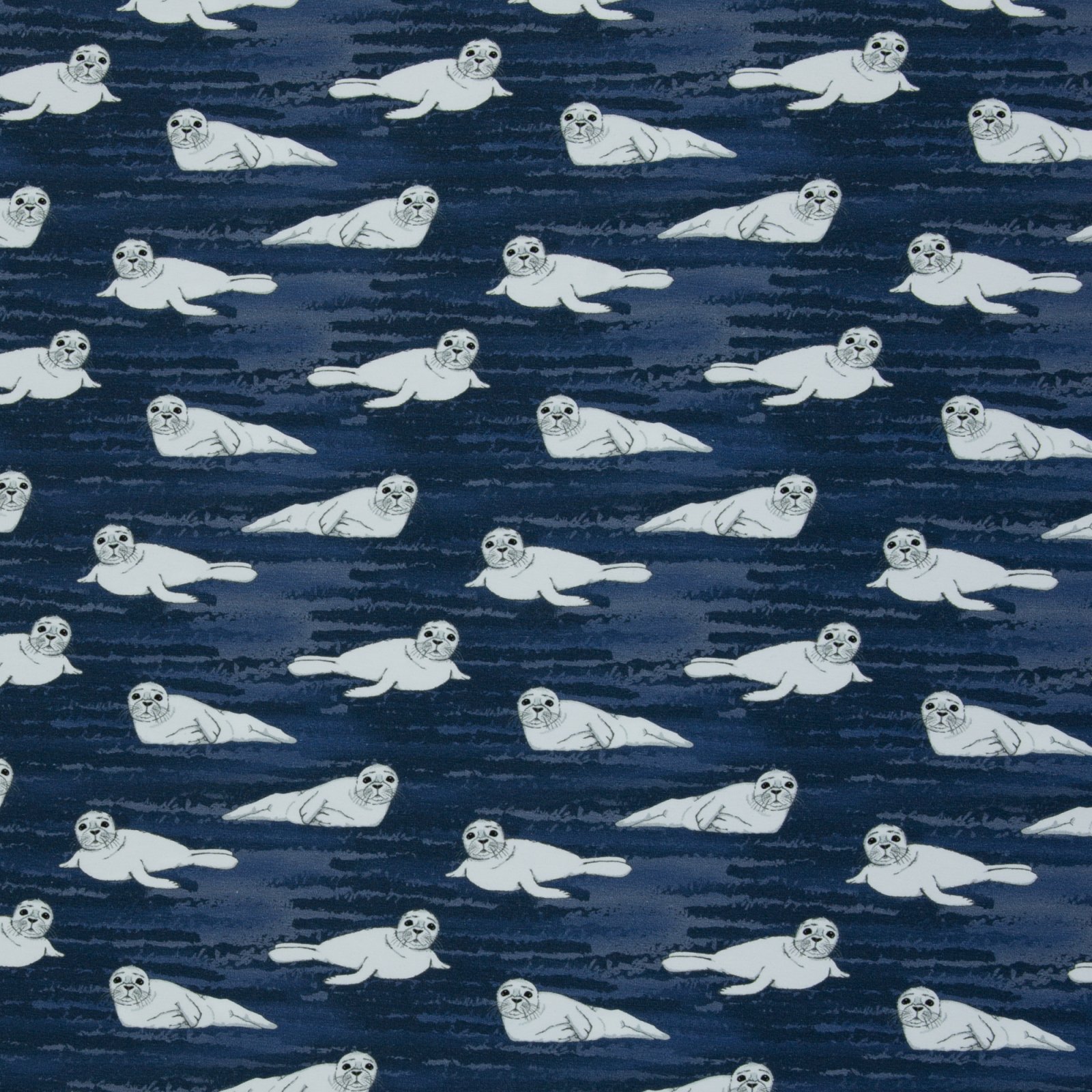 Jersey Baumwolle „Arctic Animals by JaTiJu" – Robben, jeansblau