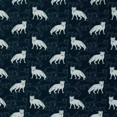 Jersey Baumwolle „Arctic Animals by JaTiJu" – Wölfe, dunkelblau