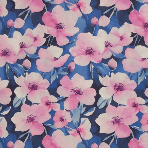 Dekostoff Webware „Argentina" – Blüten, rosa/dunkelblau