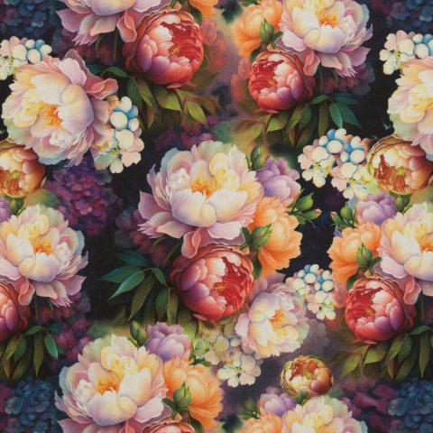 Canvas „Aura" – Blüten, bunt/dunkelblau