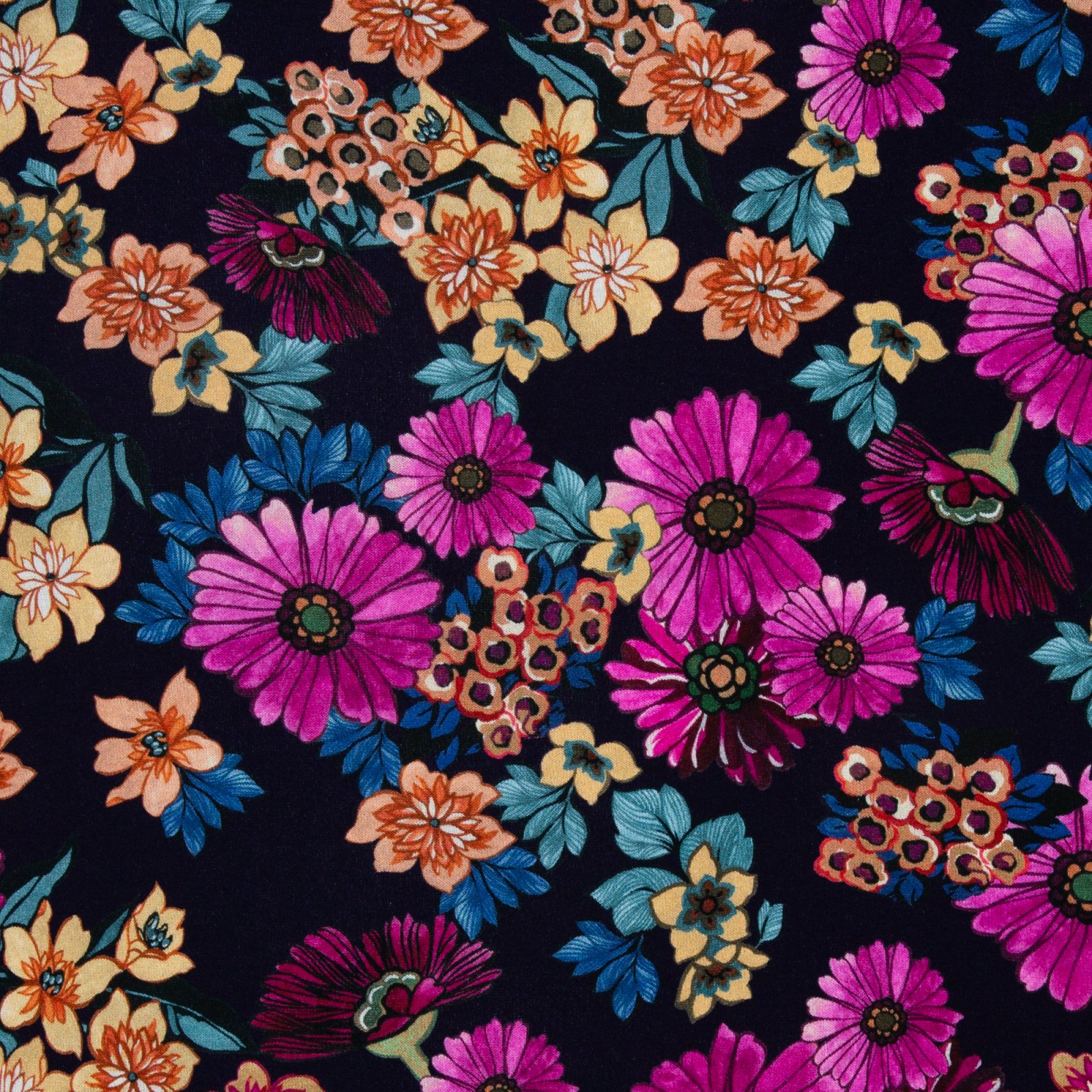 Strickstoff „Casablanca" – Blumen, erika/dunkelblau