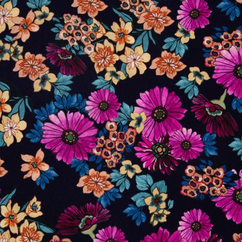 Strickstoff „Casablanca" – Blumen, erika/dunkelblau