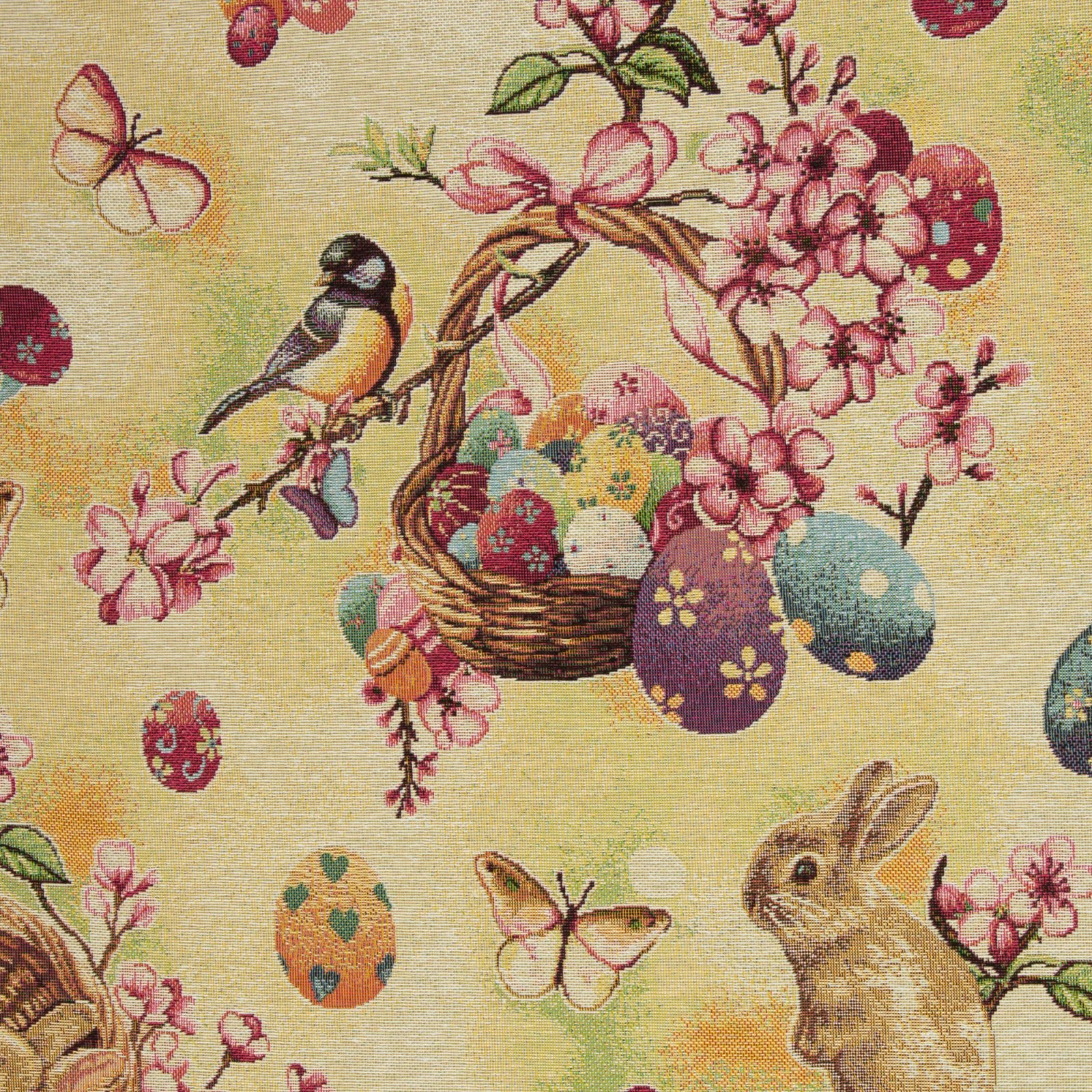 Gobelin „Easter Garden" – Hasen, Vögel, Eier, beige/lindgrün