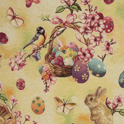 Gobelin „Easter Garden" – Hasen, Vögel, Eier, beige/lindgrün