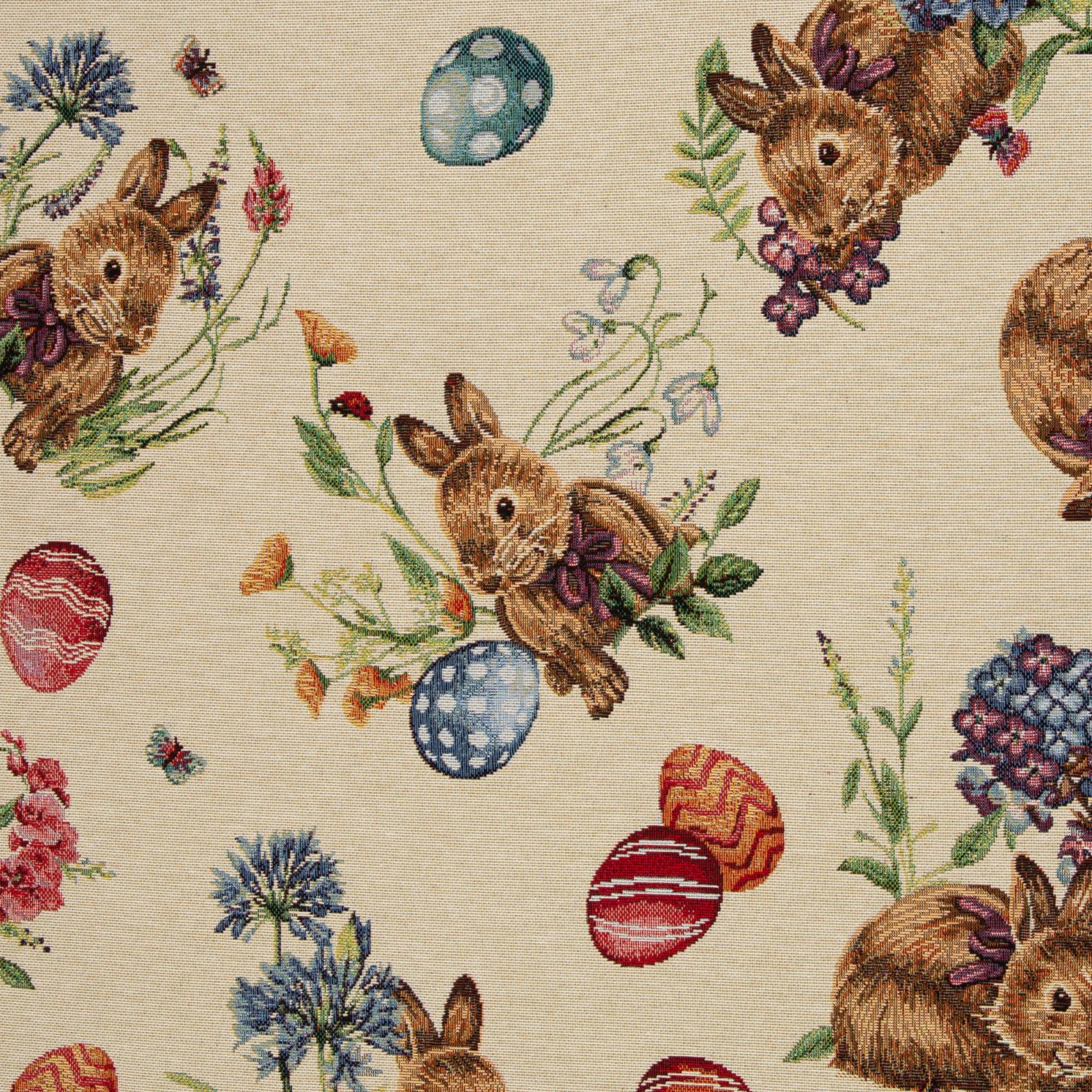 Gobelin „Easter Garden" – Hasen, Blumen, Ostereier, beige