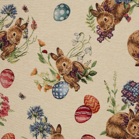 Gobelin „Easter Garden" – Hasen, Blumen, Ostereier, beige