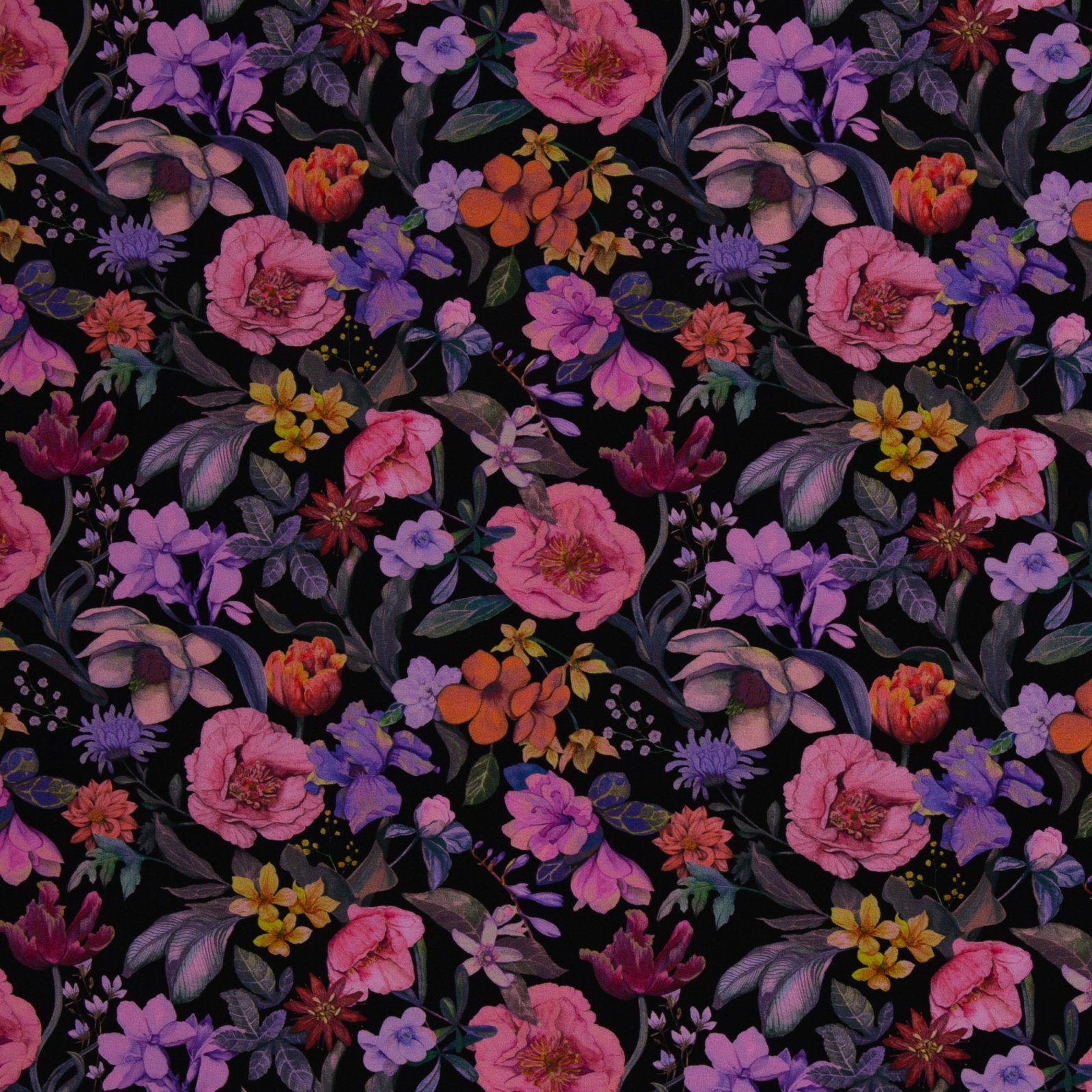 Jersey Baumwolle „Elias" – Blumen, pink/flieder/schwarz