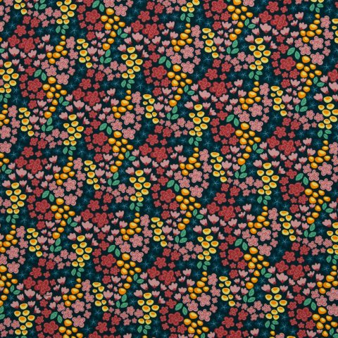 Jersey Baumwolle „Fleurs by Lausemia" – Streublumen, bunt/dunkelblau