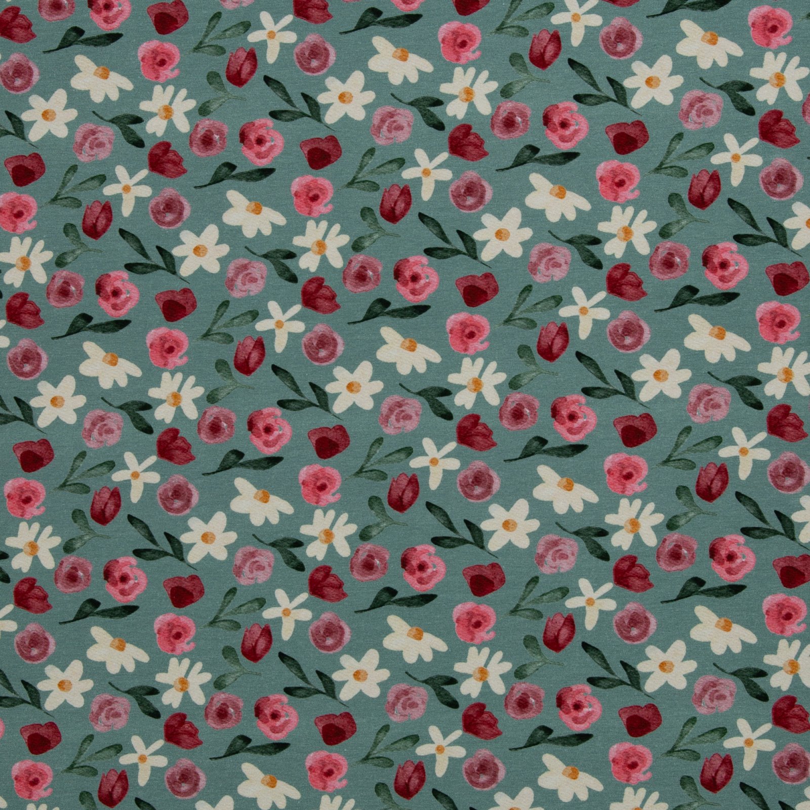 Jersey Baumwolle „Fleurs by Lausemia" – Blüten, Blätter, smaragd