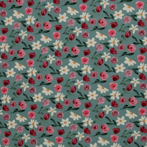 Jersey Baumwolle „Fleurs by Lausemia" – Blüten, Blätter, smaragd
