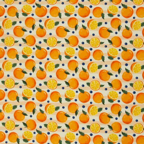 Baumwolle Webware „Fruits" – Orangen, Blaubeeren, apricot/weiß