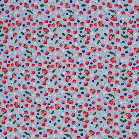 Baumwolle Webware „Fruits" – Erdbeeren, Kirschen, hellblau