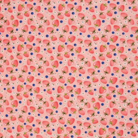Baumwolle Webware „Fruits" – Erdbeeren, Blaubeeren, rosa