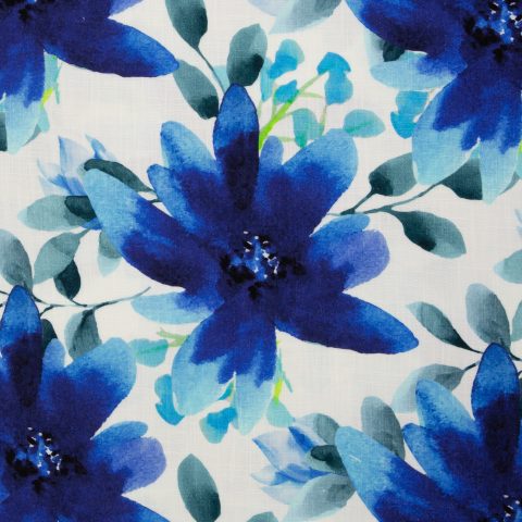 Double Gauze „Haren" – Blüten, weiß/kornblau